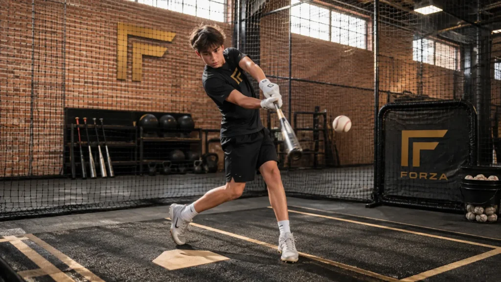 Baseball player practicing in the batting cage at FORZA Gym in Mount Kisco NY