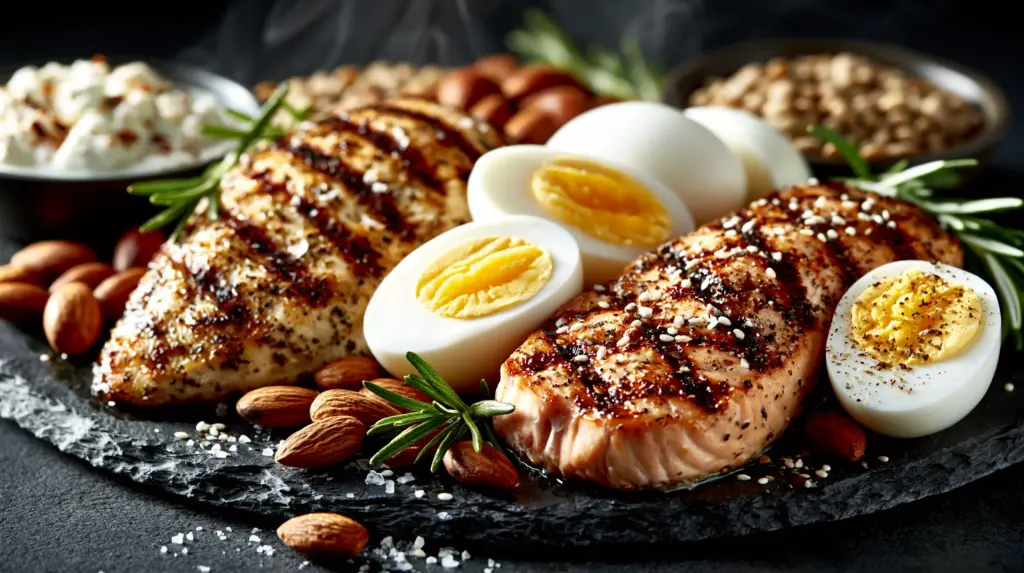 grilled salmon chicken eggs 1024x573 1